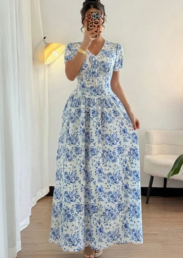 Women Summer Floral Print V Neck Short Sleeve Party Long Dress Rumanglobalcraft
