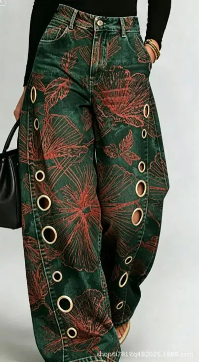 Printed Wide-Leg Pants with Circular Patterns High-Waisted Flowy Denim Trousers Rumanglobalcraft