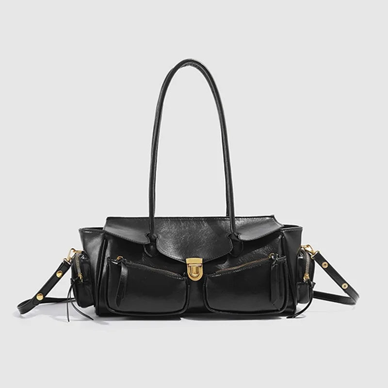 Vintage Underarm Bag For Girl Versatile Handbag Multi-pocket Motorcycle Bag Luxury Designer Handbag Spaghetti Strap Leather Bag