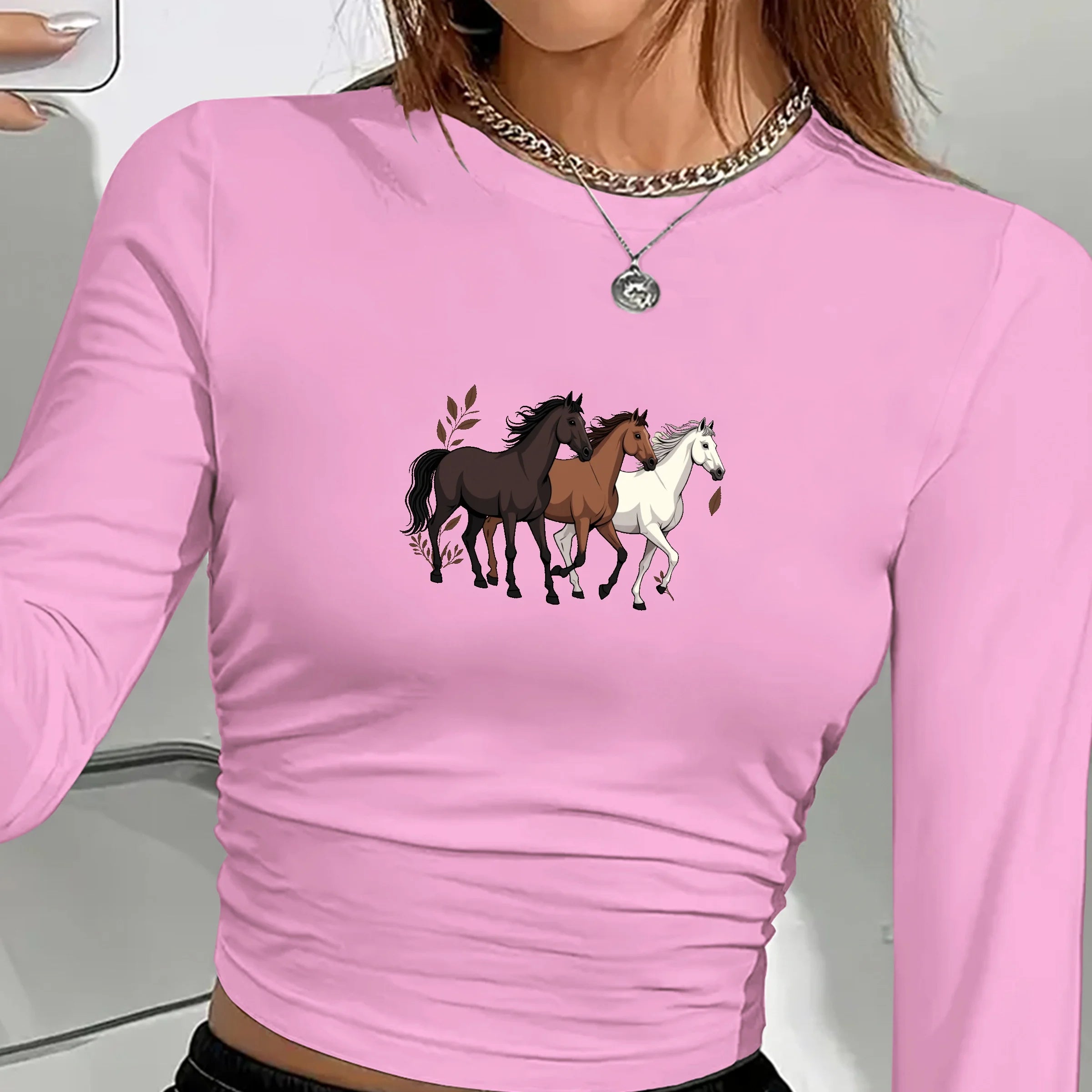 EQUESTRIAN with Three Horses Women's Y2K Print Knitted Crew Neck Spandex/Polyester Long Sleeve Shirt