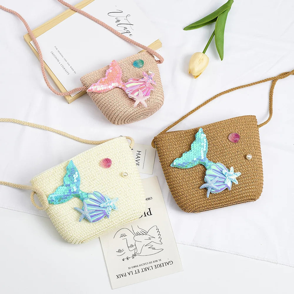 Cartoon Ocean Summer Children's Shoulder Bag Beach Straw Baby Kids Small Crossbody Bags Girls Princess Change Purse Handbags