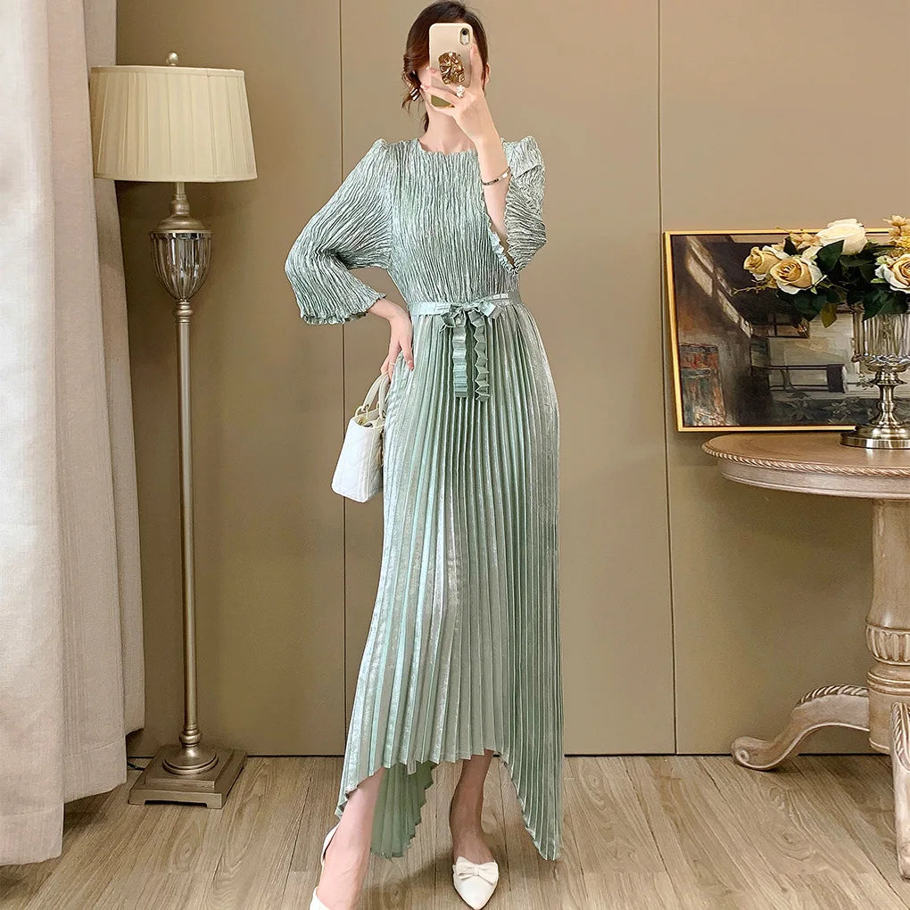 High Quality Workmanship, Versatile Women's Clothing, Irregular Lace Up Temperament, Elegant Long Dress Miyake Robe