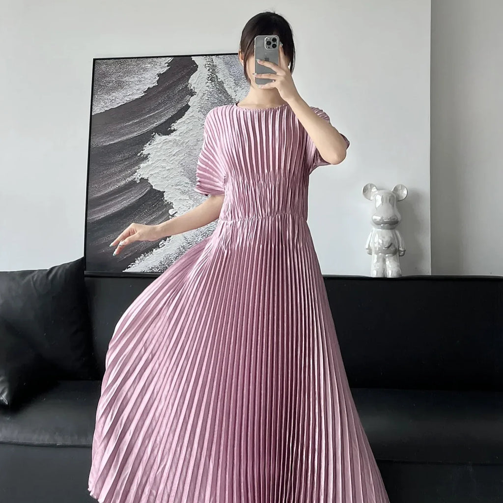 Miyake Pleated Butterfly Sleeves Solid Color Elegant Slim Dress Women's Print Long Dress Beautiful Long Dresses 2024 Summer New