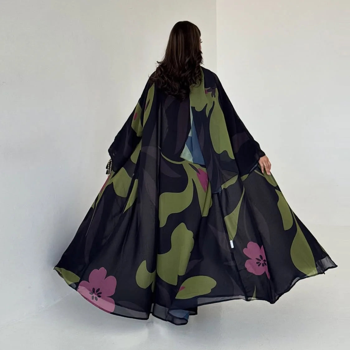 Botanical Muse Open-Front Chiffon Abaya Ensemble