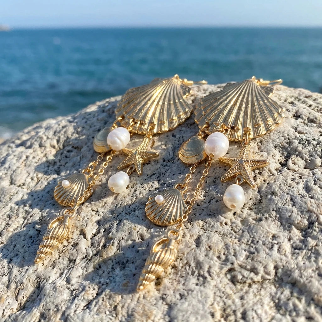 Mermaidcore Large Statement Earrings for Women Gold Color Shell Imitation Pearl Tassel Drop Boho Festival Beach Summer Jewelry Rumanglobalcraft