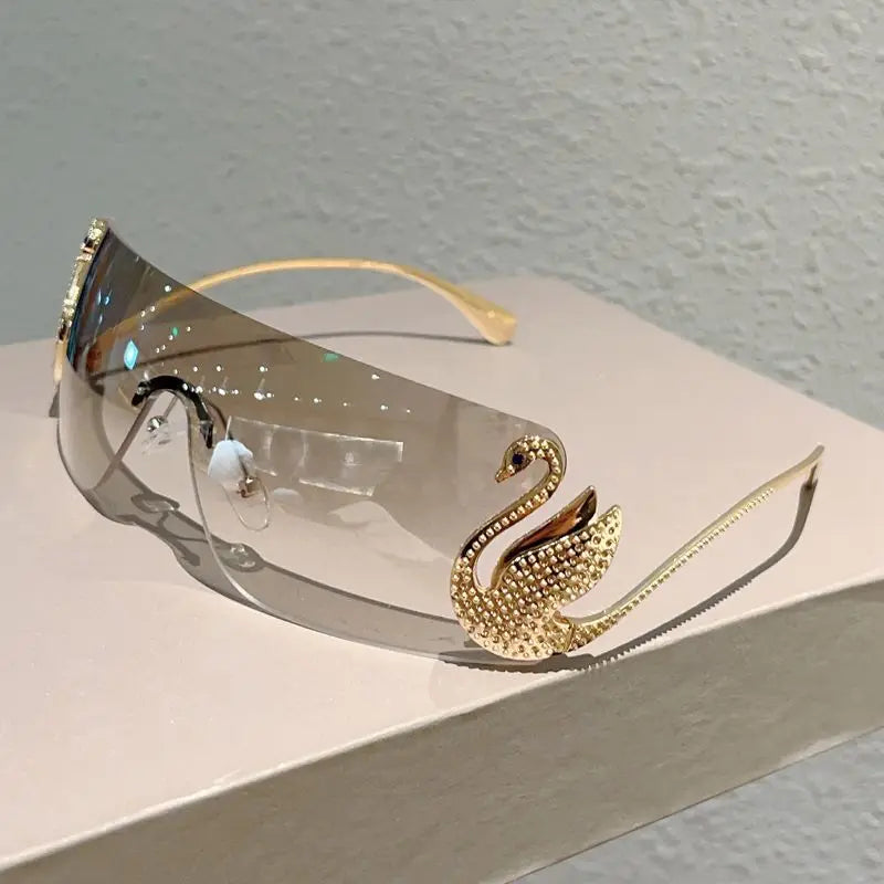 Luxury Swan Rhinestone Rimless Sunglasses Oversized Shield Sun Glasses with UV400 Fashion Shades Decorative Eyewear for Women
