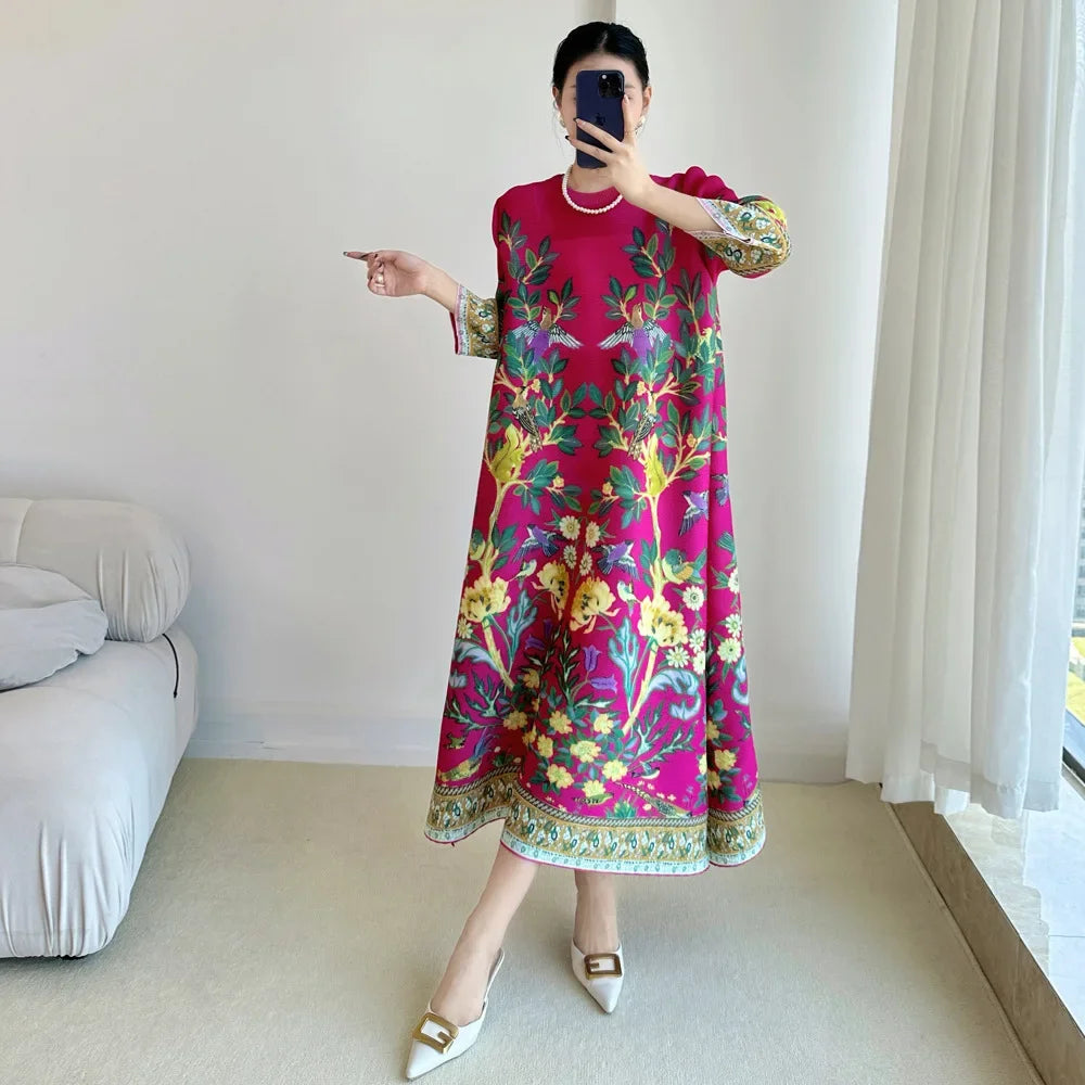 Miyake Vintage Print Dress Seven Sleeve Casual Dresses 2025 Summer New Outdoor Travel Holiday Essential Female Clothing Apparel