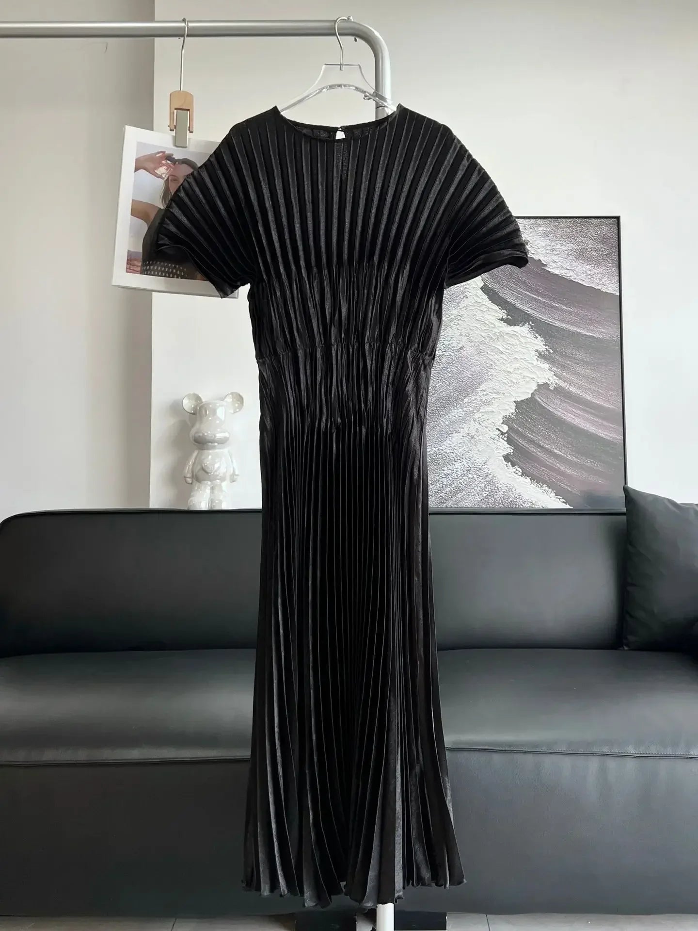 Miyake Pleated Butterfly Sleeves Solid Color Elegant Slim Dress Women's Print Long Dress Beautiful Long Dresses 2024 Summer New
