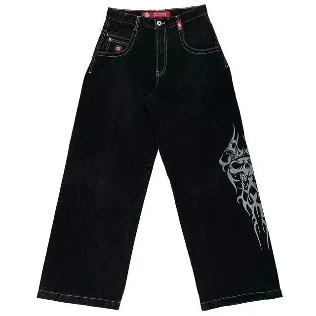 Loose Fit Retro Pattern Jeans Street Casual Wide Leg Pants