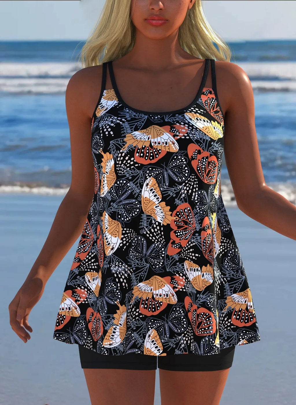 Black White Print Tankini Sleeveless Flared Hem Tankini Top High Stretch Swim Tank Gradient Adjustable Straps Two Piece Swim Top Rumanglobalcraft