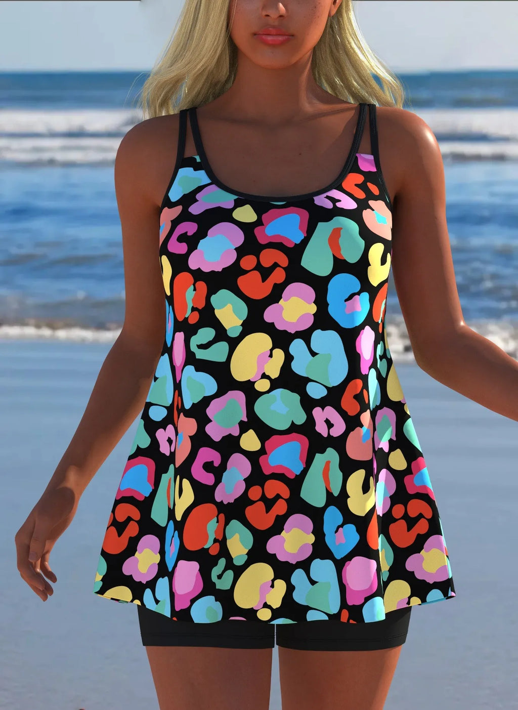 Black White Print Tankini Sleeveless Flared Hem Tankini Top High Stretch Swim Tank Gradient Adjustable Straps Two Piece Swim Top Rumanglobalcraft