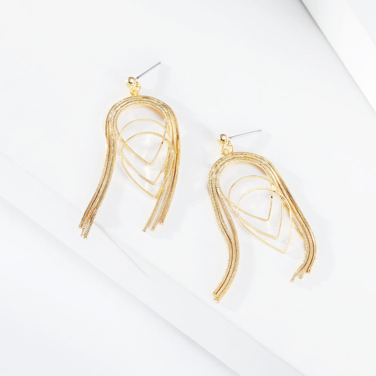 Copper-plated Real Gold Thin Chain Geometric Multi-layer Drop-shaped Long Earrings