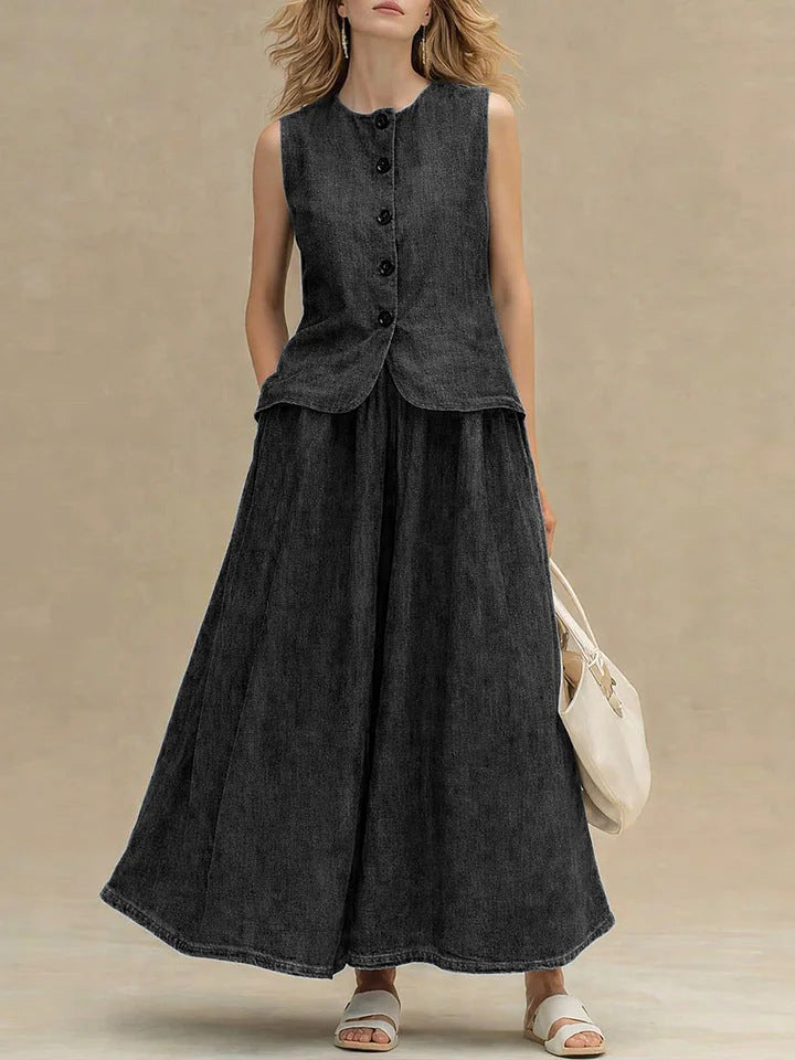 Womens Crew-Neck Denim Top And High-Waist A-Line Skirt Denim Set