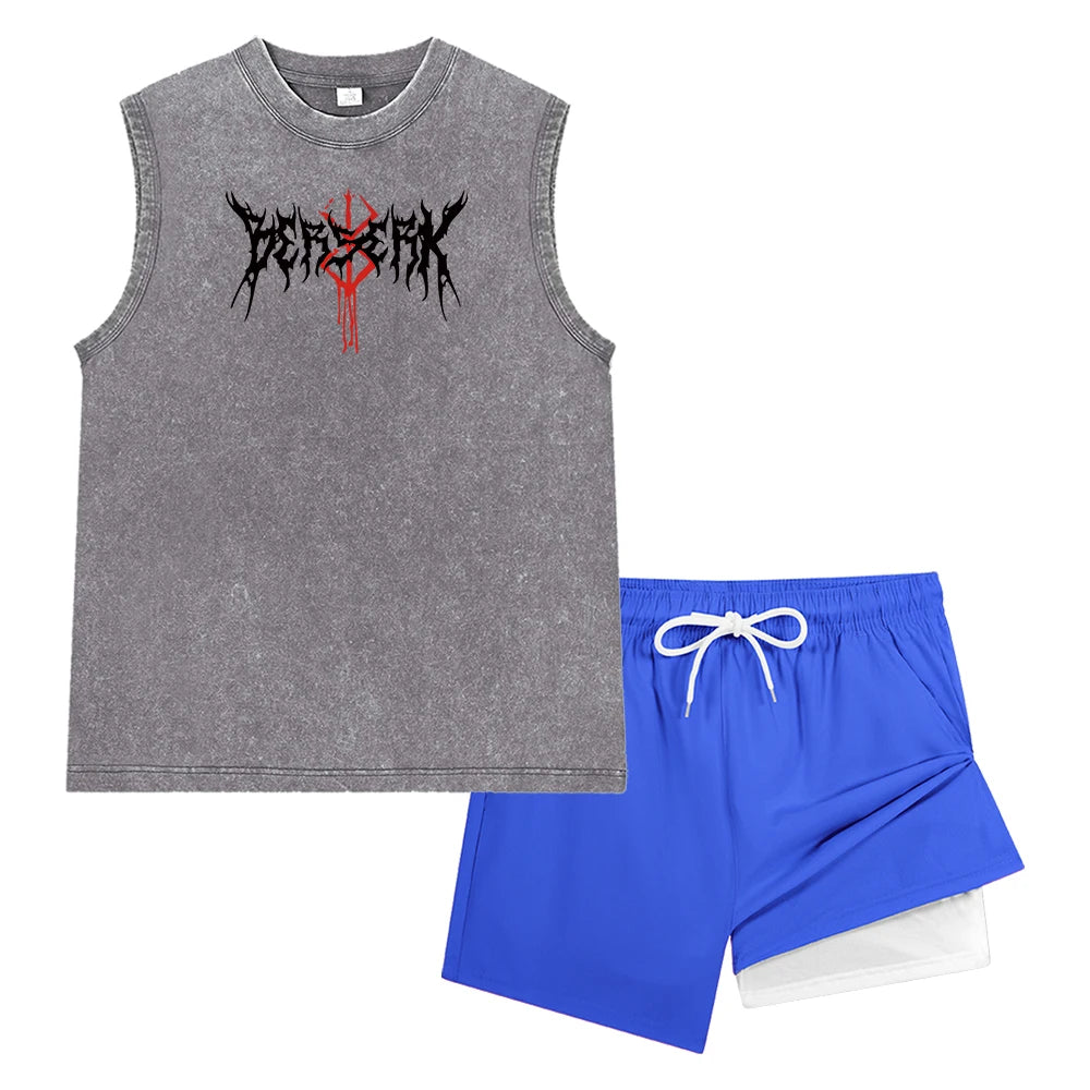Men Vintage Washed Sleeveless Tank Top Double Layer Compression Liner Drawstring Beach Shorts Spiky Blackmetal Typography Print Rumanglobalcraft