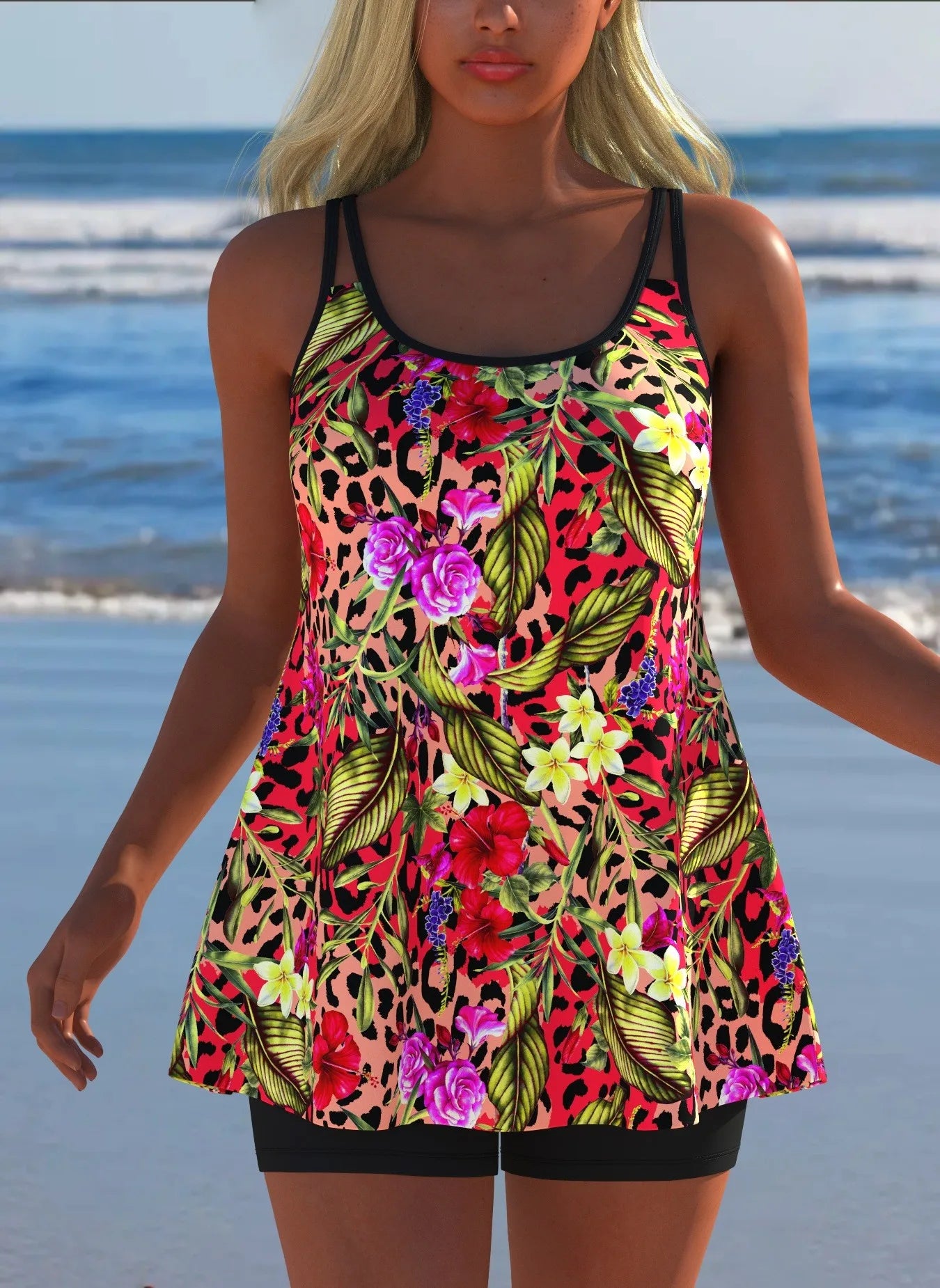 Black White Print Tankini Sleeveless Flared Hem Tankini Top High Stretch Swim Tank Gradient Adjustable Straps Two Piece Swim Top Rumanglobalcraft