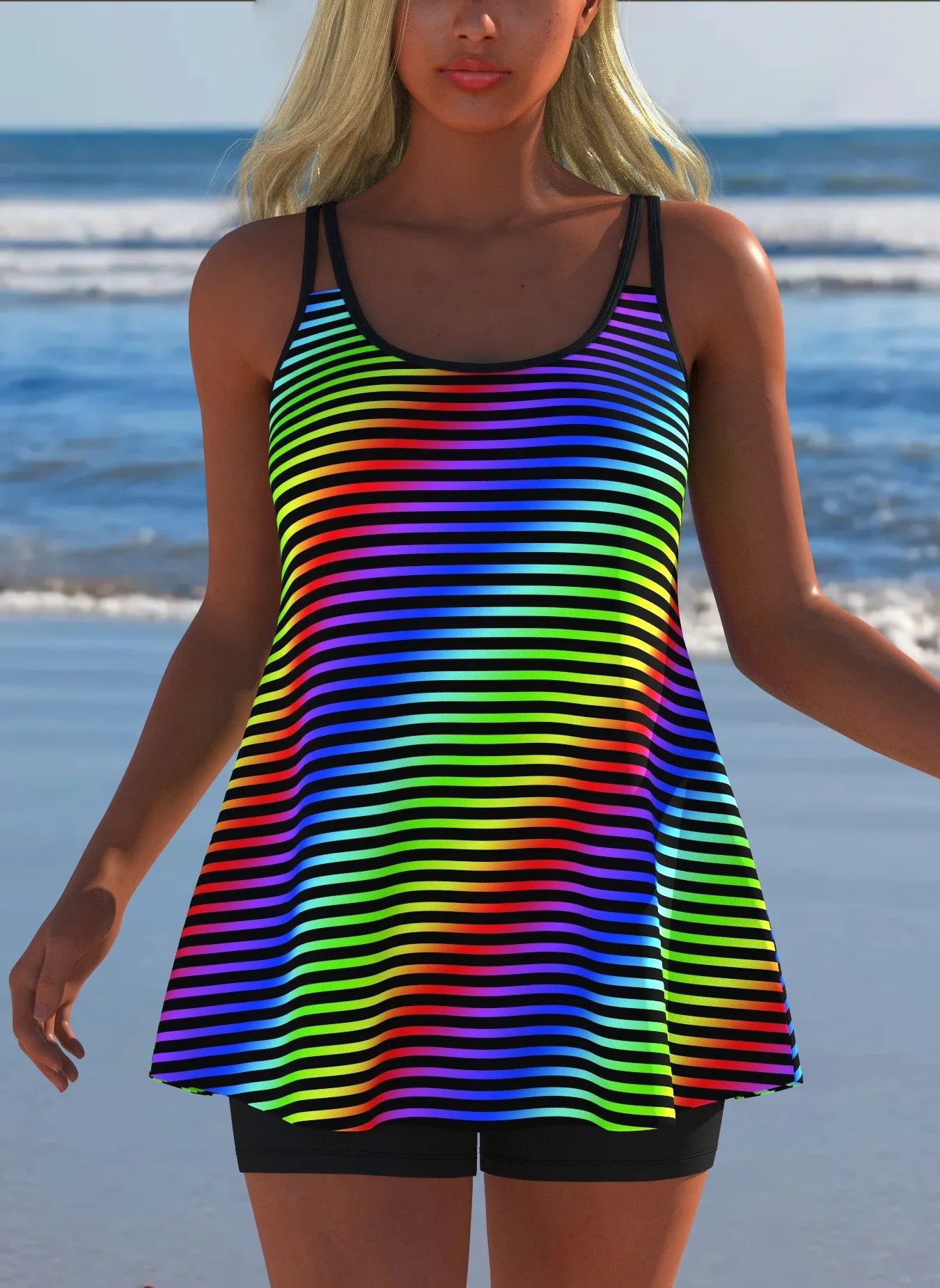 Black White Print Tankini Sleeveless Flared Hem Tankini Top High Stretch Swim Tank Gradient Adjustable Straps Two Piece Swim Top Rumanglobalcraft