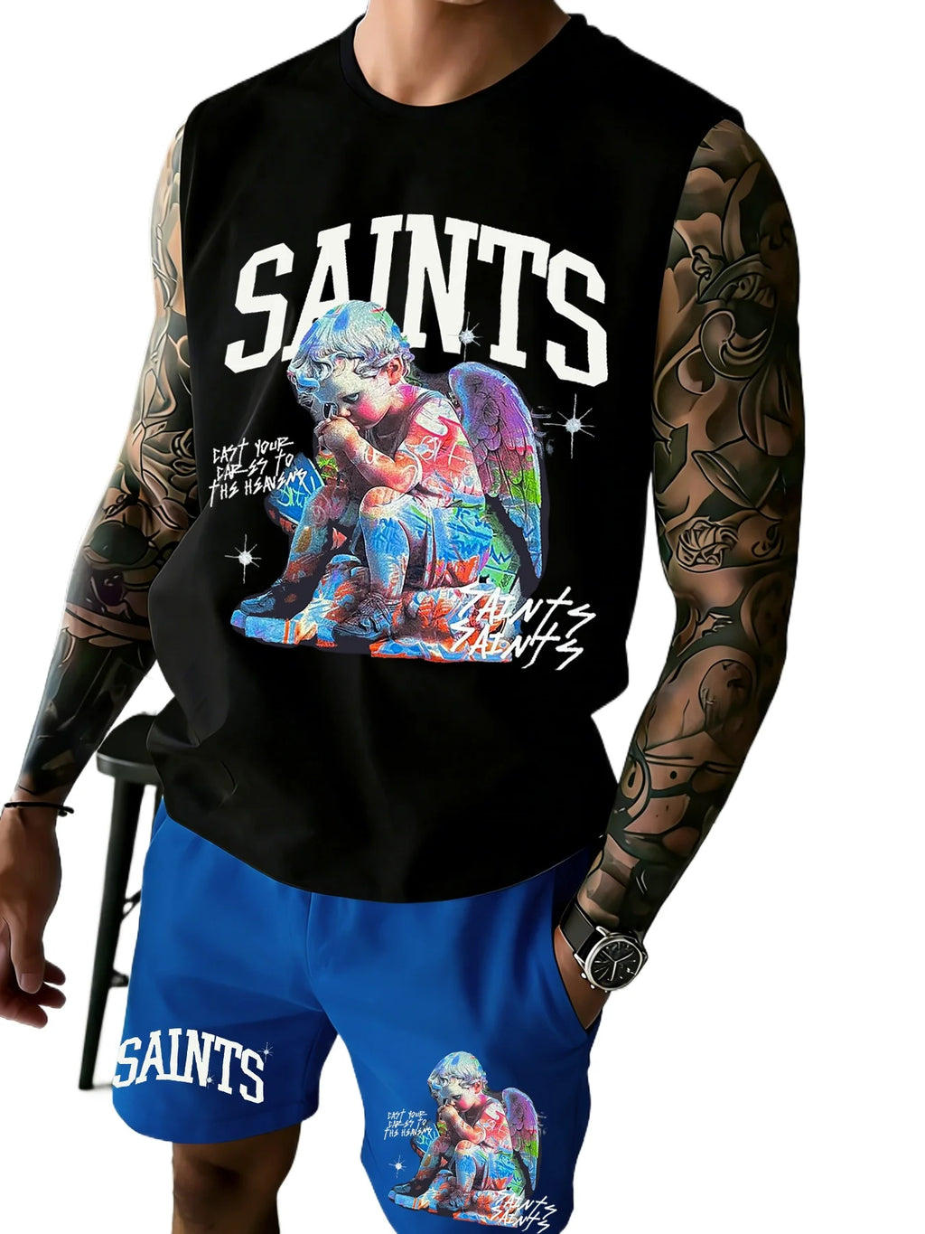 Men's Printed Sleeveless Tank Top and Shorts Set: Casual, Sports, and Leisure Summer Outfits Rumanglobalcraft