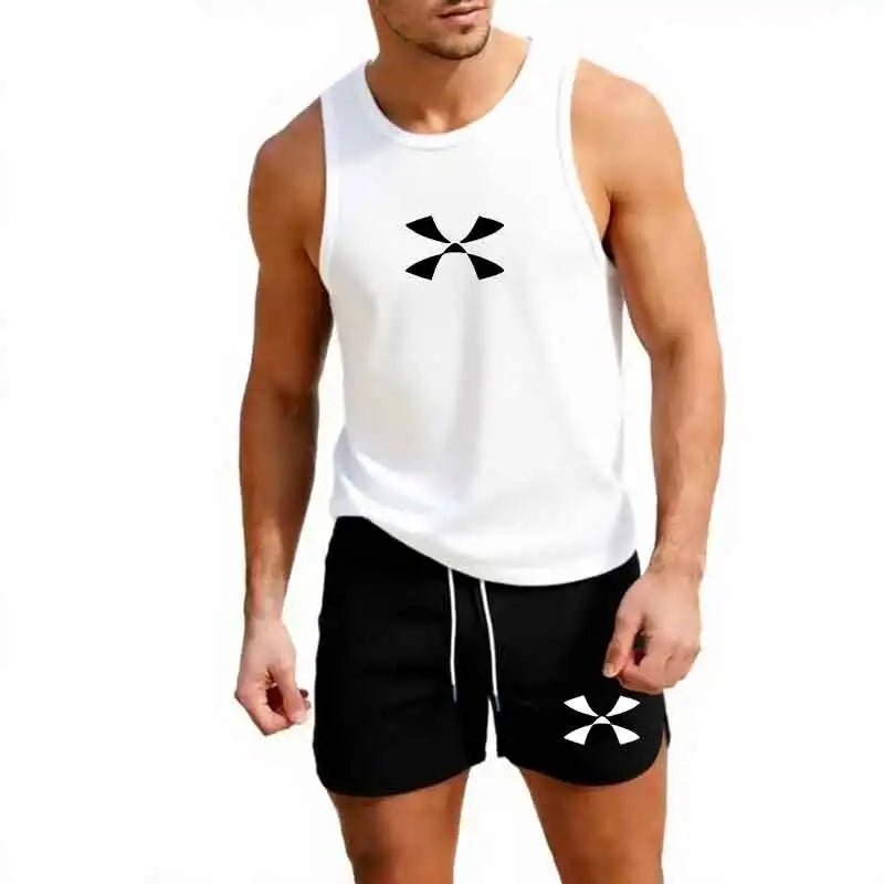 Outdoor Jogging Sportswear Men's Vest+Shorts 2-Piece Summer Casual Fashion Trend Set Beach Surfing Men's Suit European size Rumanglobalcraft