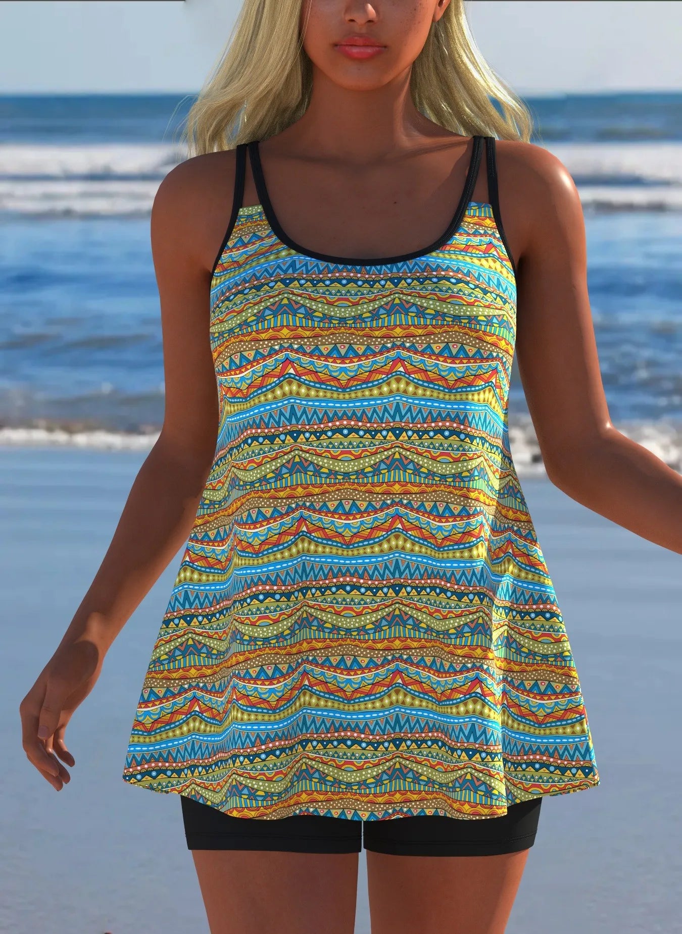 Black White Print Tankini Sleeveless Flared Hem Tankini Top High Stretch Swim Tank Gradient Adjustable Straps Two Piece Swim Top Rumanglobalcraft