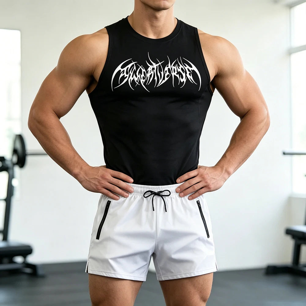 Men Compression Training Set Sleeveless Tank Top Wing Spiky Text Print Double Zipper Pocket Shorts Quick Dry Athletic Gym Suit Rumanglobalcraft