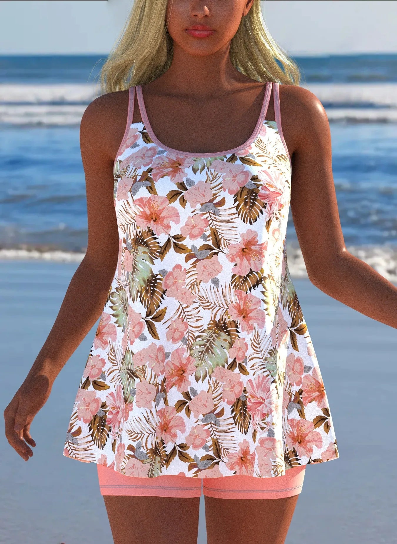 Black White Print Tankini Sleeveless Flared Hem Tankini Top High Stretch Swim Tank Gradient Adjustable Straps Two Piece Swim Top Rumanglobalcraft