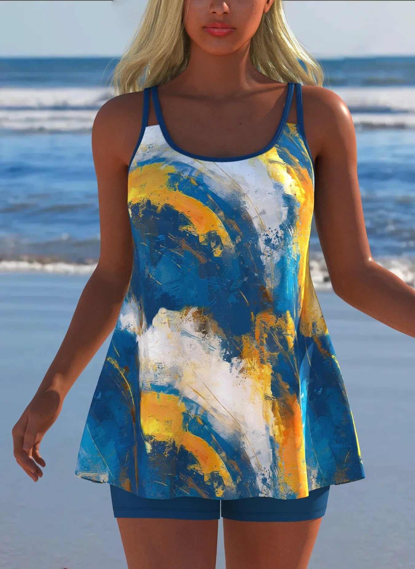 Black White Print Tankini Sleeveless Flared Hem Tankini Top High Stretch Swim Tank Gradient Adjustable Straps Two Piece Swim Top Rumanglobalcraft