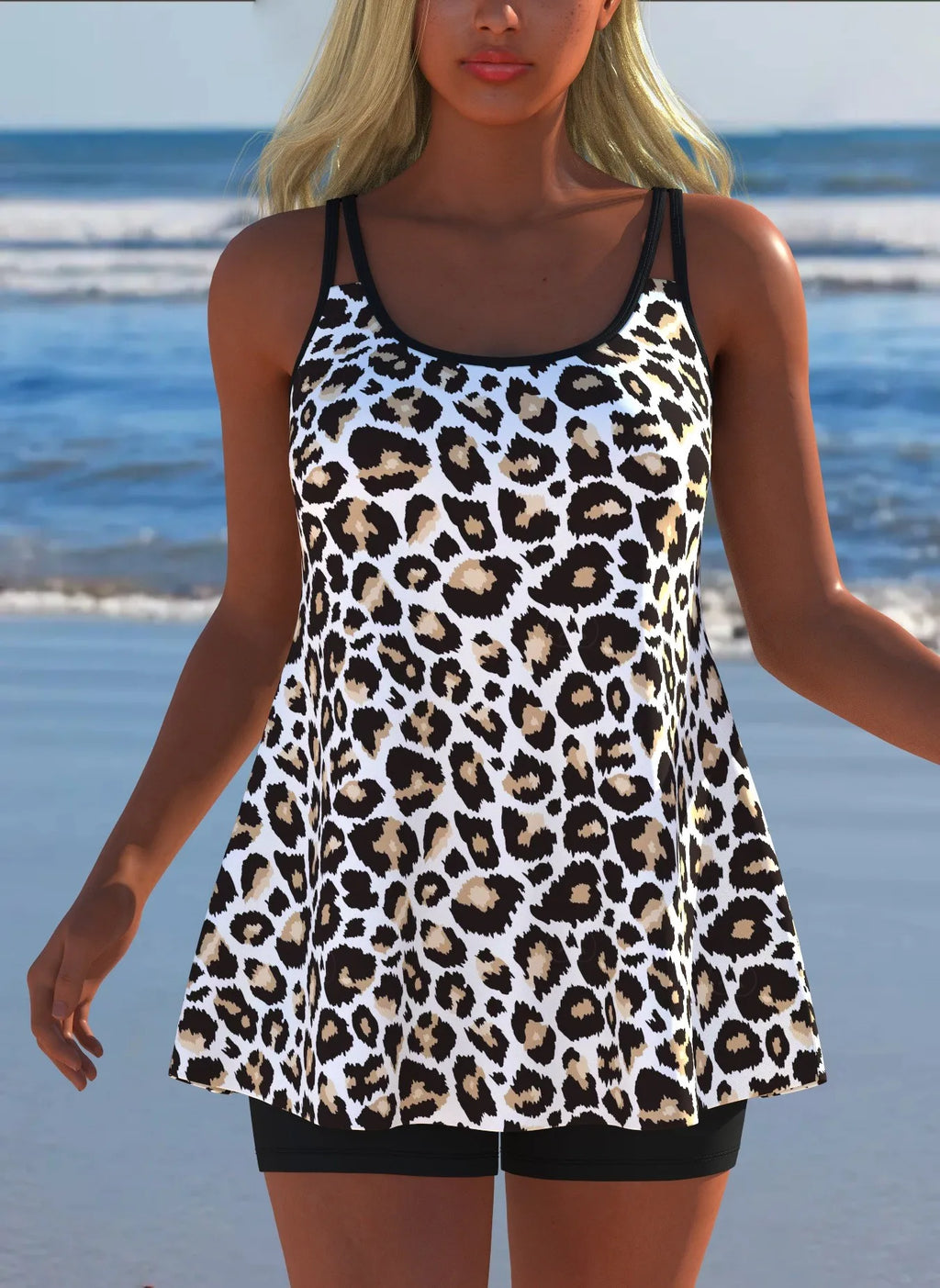 Black White Print Tankini Sleeveless Flared Hem Tankini Top High Stretch Swim Tank Gradient Adjustable Straps Two Piece Swim Top Rumanglobalcraft