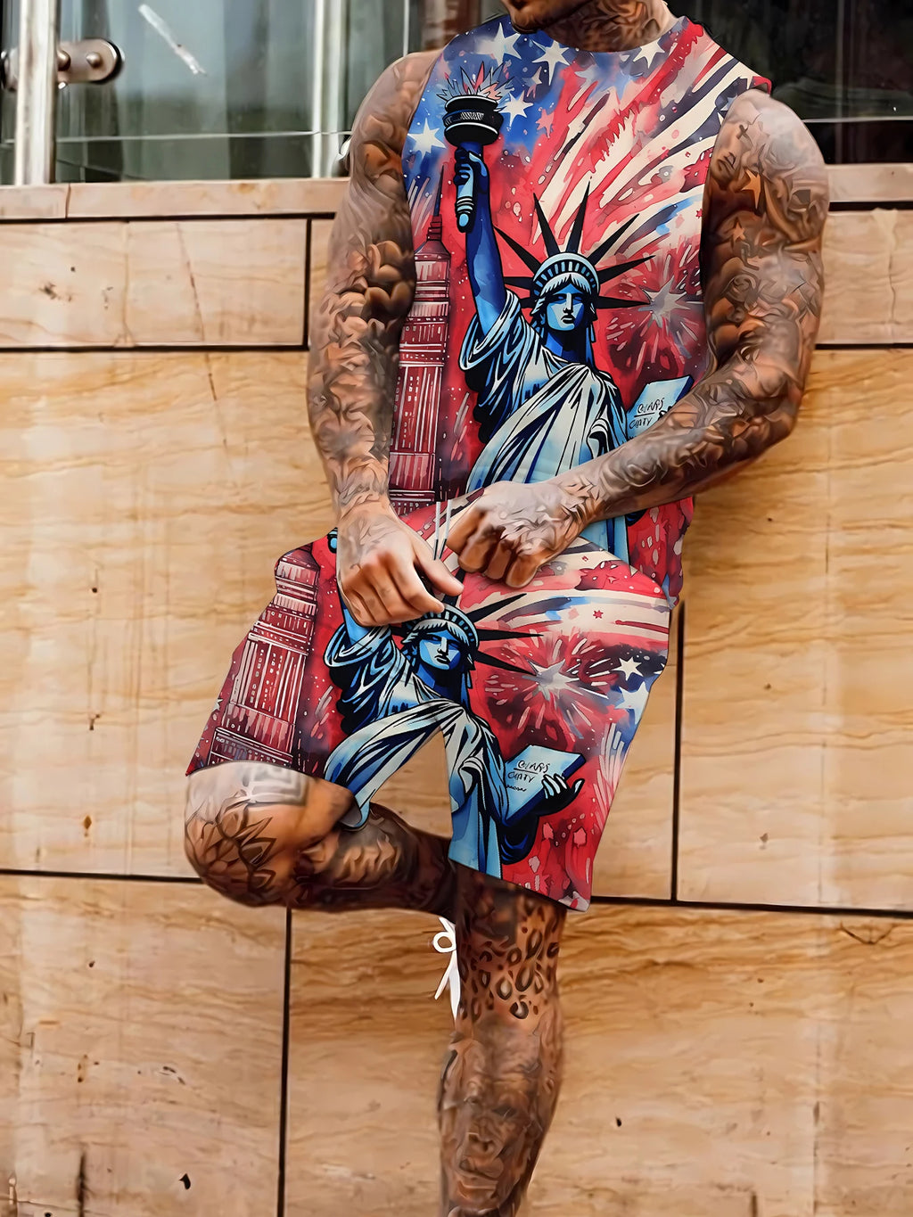 Men's V-Neck Tank Top and Shorts Set Lightweight Polyester Homewear Vacation Outfit Standard Fit Rumanglobalcraft