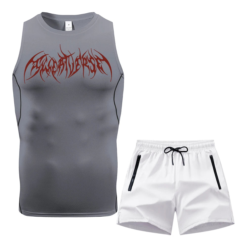 Men Compression Training Set Sleeveless Tank Top Wing Spiky Text Print Double Zipper Pocket Shorts Quick Dry Athletic Gym Suit Rumanglobalcraft