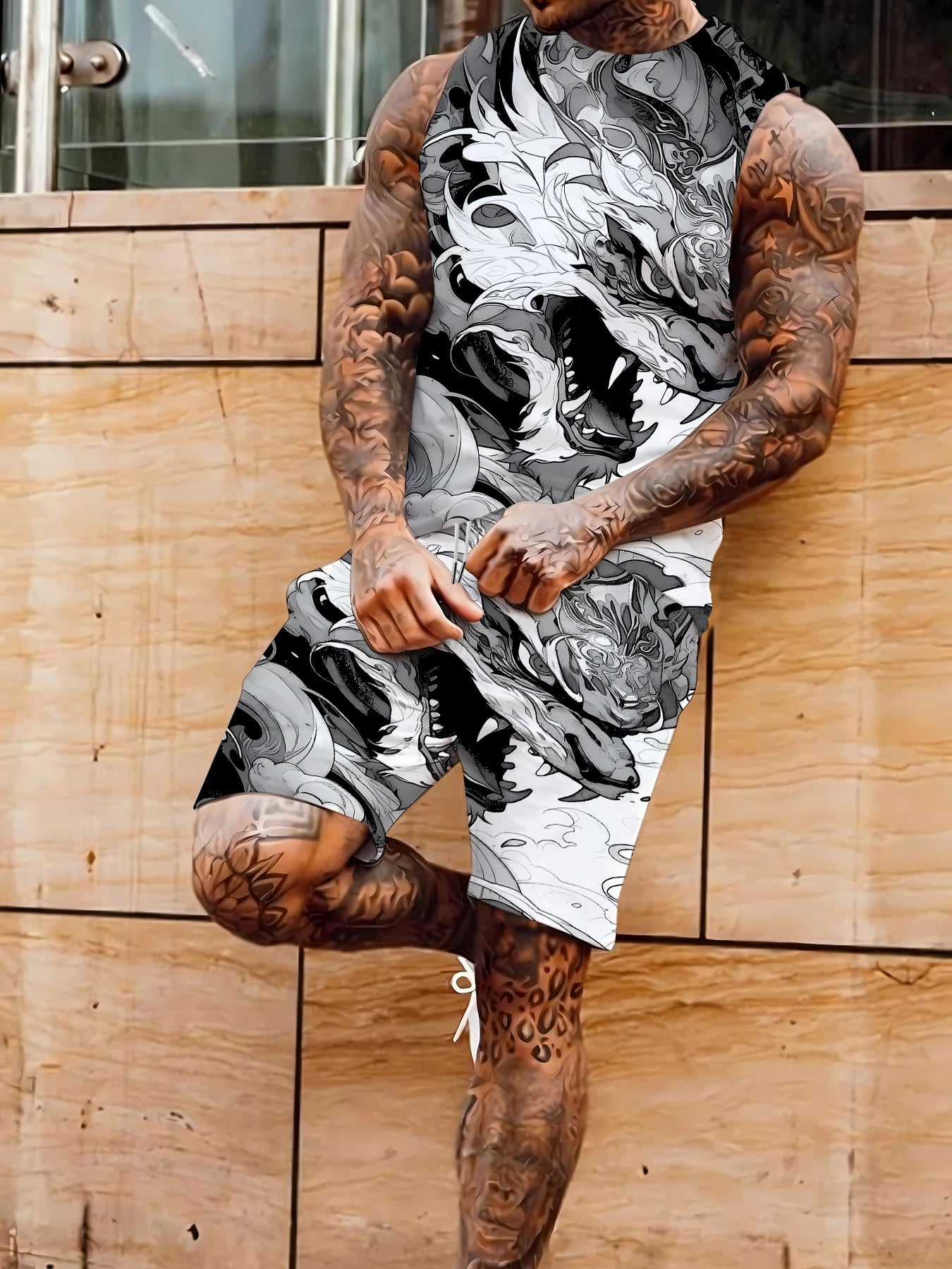 Men's Hawaiian Print Tank Top and Shorts Set Vibrant Polyester Summer Beach Suit Standard Size Rumanglobalcraft