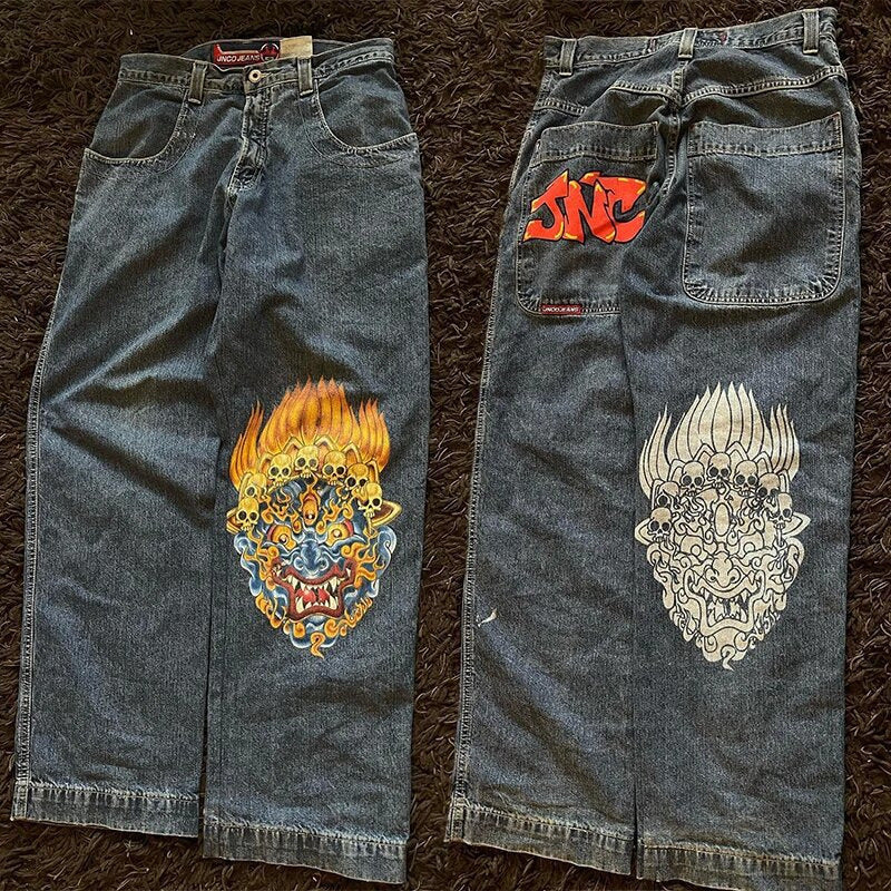 Loose Fit Retro Pattern Jeans Street Casual Wide Leg Pants