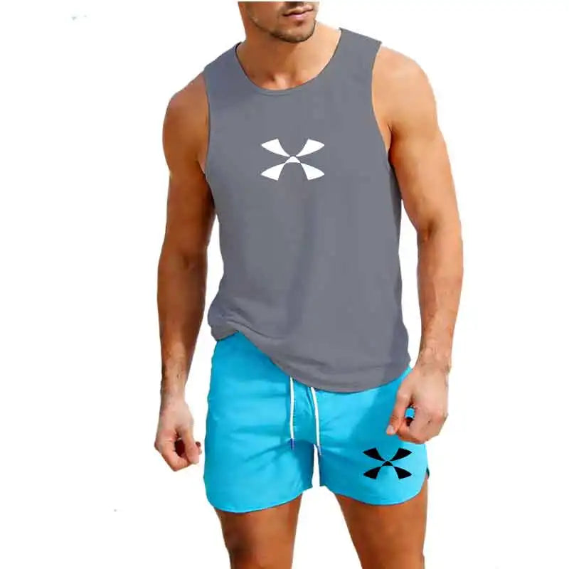 Outdoor Jogging Sportswear Men's Vest+Shorts 2-Piece Summer Casual Fashion Trend Set Beach Surfing Men's Suit European size Rumanglobalcraft