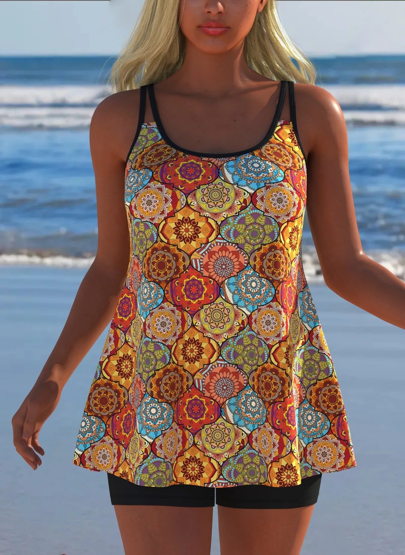 Black White Print Tankini Sleeveless Flared Hem Tankini Top High Stretch Swim Tank Gradient Adjustable Straps Two Piece Swim Top Rumanglobalcraft
