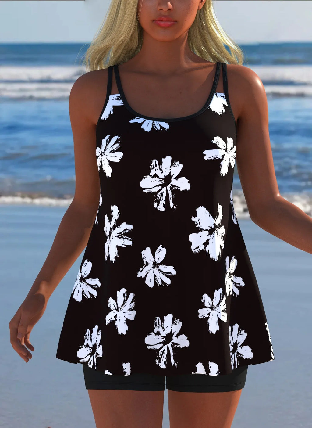 Black White Print Tankini Sleeveless Flared Hem Tankini Top High Stretch Swim Tank Gradient Adjustable Straps Two Piece Swim Top Rumanglobalcraft