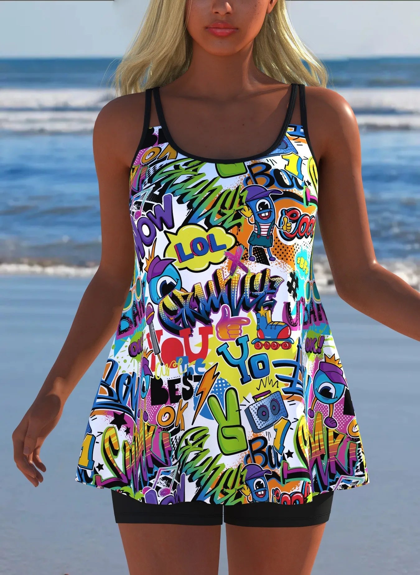 Black White Print Tankini Sleeveless Flared Hem Tankini Top High Stretch Swim Tank Gradient Adjustable Straps Two Piece Swim Top Rumanglobalcraft