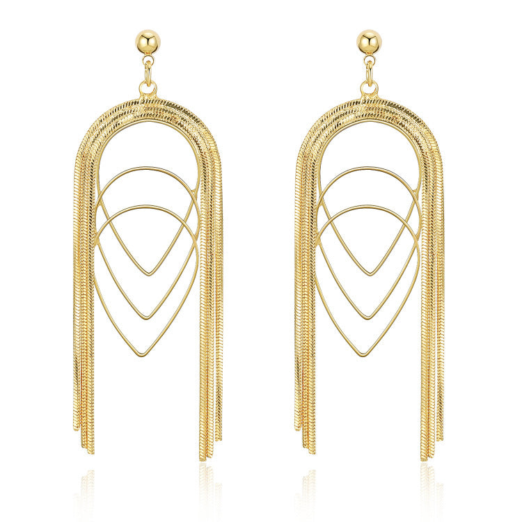 Copper-plated Real Gold Thin Chain Geometric Multi-layer Drop-shaped Long Earrings