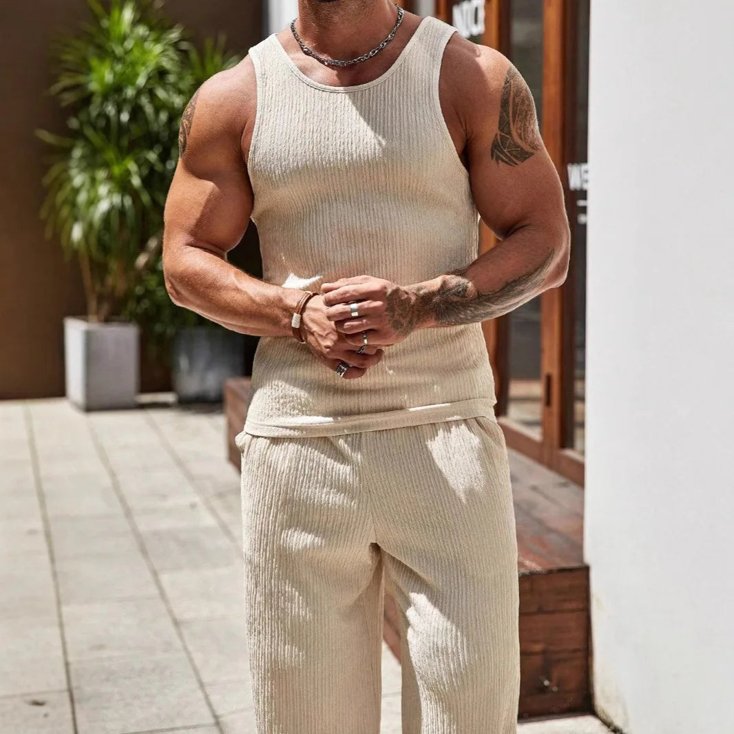 2026 Spring Summer Men's Slim Fit Tank Top Gym Vest Set Sport Suit Tracksuit Bodybuilding Muscle Tops Blouse Rumanglobalcraft