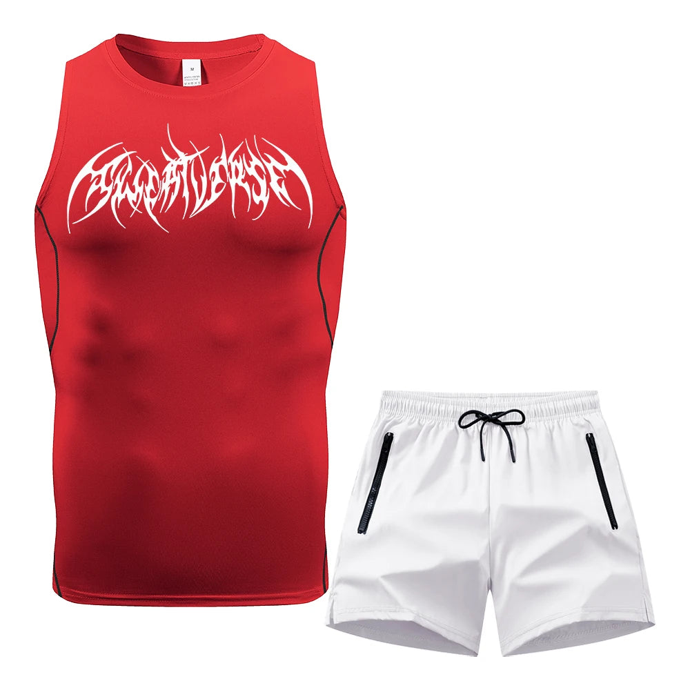 Men Compression Training Set Sleeveless Tank Top Wing Spiky Text Print Double Zipper Pocket Shorts Quick Dry Athletic Gym Suit Rumanglobalcraft