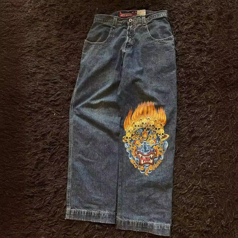 Loose Fit Retro Pattern Jeans Street Casual Wide Leg Pants