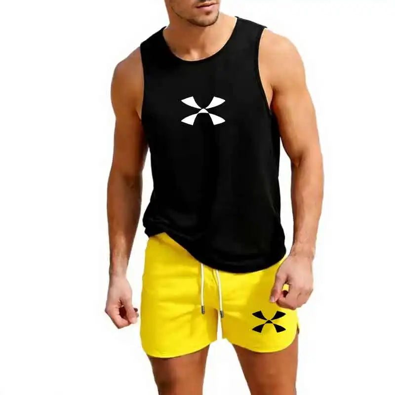 Outdoor Jogging Sportswear Men's Vest+Shorts 2-Piece Summer Casual Fashion Trend Set Beach Surfing Men's Suit European size Rumanglobalcraft
