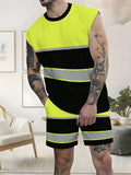 Men’s Sleeveless Neon Yellow And Black Reflective Stripe Matching Tank Top With Shorts For Summer Outdoor Wear Rumanglobalcraft
