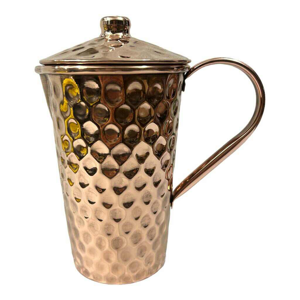 Set of One Copper Pitcher with Top and Two Tumblers, Deep Hammering and Shiny Finish