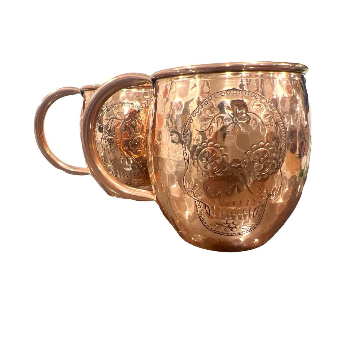 Set of Two Copper Barrel Mugs with Chiselled Skull (Day of the Dead), Hammered and Shiny Finish